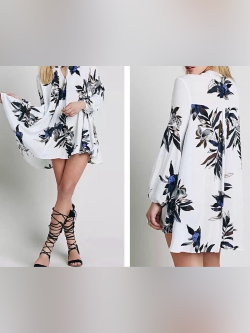 Free People SIZE S|P White Floral Tunic Dress with Blue & Black Print